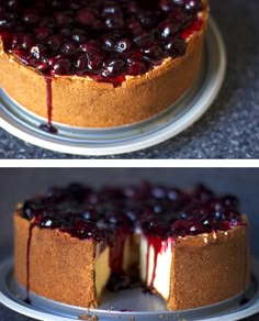 two pictures of a cheesecake with blueberries on top