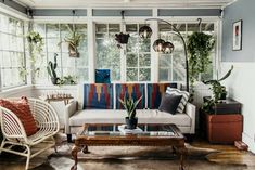 a living room filled with furniture and lots of plants on the windows sills