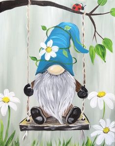 a painting of a gnome sitting on a swing with daisies in the foreground