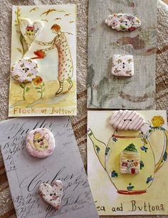 four greeting cards with buttons and magnets on them