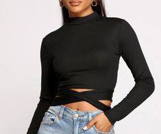 This crop top keeps it sleek and snatched with a tie waist belt! The top features a mock neck. long fitted sleeves. and a cropped hem with a tie waist belt. Complete your look with high waist jeans.Fit & Features Mock neck Long sleeves Cropped hem Tie waist belt Ribbed knit fabric Form hugging fit Moderate stretch Bodycon Tops, Ribbed Mini Dress, Waist Jeans, Maxi Dresses Casual, Knit Crop Top, Knit Crop, Two Piece Dress, Black Crop Tops, Outfits Ideas