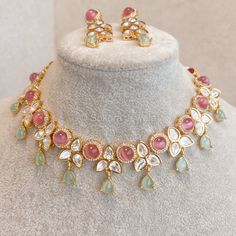 Pastels Kundan Set - SOKORA JEWELSPastels Kundan SetNECKLACE SETS Wedding Jewelry Sets Bridal Jewellery, Bangle Box, Pink And Mint, Pretty Jewelry Necklaces, Expensive Jewelry Luxury, Fancy Jewellery Designs, Jewelry Set Design, Bridal Necklace Set