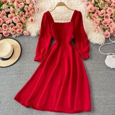 Elegant Long Sleeve Red Dress For Fall, Long Sleeve Solid Color Midi Evening Dress, Chic Red Midi Length Long Sleeve Dress, Trendy Long Sleeve Evening Dresses, Elegant Long Sleeve Mini Dress In Solid Color, Elegant Long Sleeve Solid Color Mini Dress, Elegant Long Sleeve Midi Dress In Red For Spring, Elegant Red Long Sleeve Midi Dress For Spring, Elegant Red Long Sleeve Dress For Spring