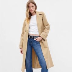 In Army Green, Not Khaki Tan Colored. Never Worn! Khaki Trench, Tan Trench Coat, Khaki Trench Coat, Gap Logo, Belted Trench Coat, Gap Jacket, Gap Jackets, Gap Women, Trench Coats Women