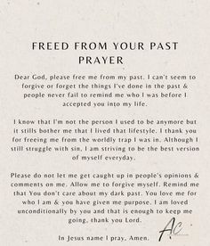 a poem written in cursive writing that reads, free from your past prayer