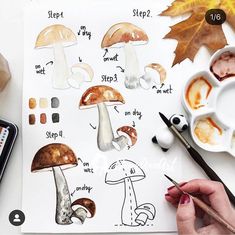 someone is drawing mushrooms on a sheet of paper with markers and pencils next to it