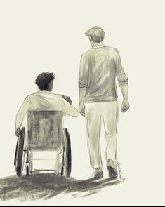 a drawing of a man in a wheelchair being pushed by another man