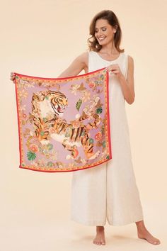 Powder Design Powder Design Tasselled 100% Silk Prancing Tiger Scarf - Little Miss Muffin Children & Home Art Nouveau Inspiration, Tiger Scarf, Floral And Fauna, Silk Style, Silk Square Scarf, Pink Martini, Ornate Design, Tiger Design, Short Coat Jackets