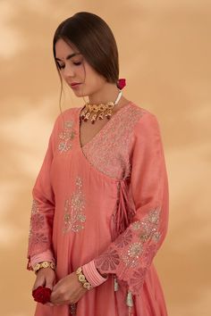 Pink angrakha anarkali with floral embroidery. Paired with a pant and dupatta with floral embroidery work. - Aza Fashions Angrakha Anarkali, Pink Kurta, Embroidery Floral, Satin Color, Embroidery Work, Pants Pattern, Set For Women, Anarkali, Aza Fashion