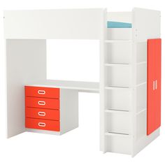 a white and orange loft bed with drawers