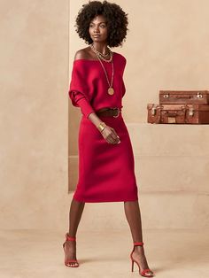 Off-the-Shoulder Sweater Dress | Banana Republic Off The Shoulder Sweater Dress, Sweater Dress Outfit, Red Sunset, Off The Shoulder Sweater, Chic Skirts, Off Shoulder Sweater, Dinner Outfits, Business Casual Outfits, Dance Dresses