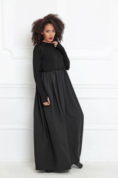 Women Maxi Dress, Abaya Dress, Long Sleeve Maxi Dress Loose maxi dress with soft knitted top and sleeves: |DEHA| GARMENT FEATURES: * Maxi dress in a clean, minimalistic A-line silhouette * Top and sleeves in soft, cozy knit * Crew neckline * Slim fit raglan sleeves with thumb hole details * Rich fabric gathered bottom part COLOUR OPTIONS: This product also comes in the following color options: - black; - grey. SIZE & FIT: Model is 175cm and wears size S. COMPOSITION: Main: 50% viscose / 50% Fall Season Modest Maxi Length Abaya, Fall Modest Maxi Length Abaya, Modest Maxi Length Abaya For Fall, Modest Fitted Black Abaya, Modest Maxi Dress With Modesty Panel, Stretch Abaya With Long Sleeves, Black Long Sleeve Maxi Dress For Winter, Fitted Long Sleeve Black Abaya, Black Full-length Maxi Dress For Fall