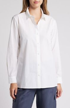 A classic spread collar furthers the modern-chic style of this button-up shirt fashioned from organic cotton. 29" length Front button closure Spread collar Long sleeves with button cuffs 100% organic cotton Machine wash, tumble dry Imported Timeless Long Sleeve Cotton Blouse, Timeless Cotton Tops With Placket, Timeless Collared Shirt For Daywear, Everyday Classic Button-up Dress Shirt, Timeless Relaxed Fit Shirt For Office, Classic Everyday Shirt With Spread Collar, Timeless Daywear Shirt With Button Closure, Classic Everyday Button-up Dress Shirt, Timeless Shirt With Button Closure For Daywear