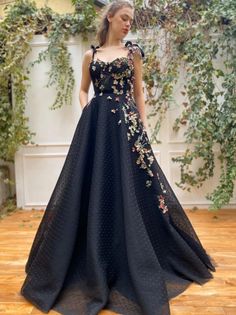 Whimsical Floral Dots Gown | Teuta Matoshi Black Flower Dress, Flower Prom Dress, Spaghetti Strap Prom Dress, Tulle Flowers, Red Dress Women, Prom Dress Inspiration, Pretty Prom Dresses, Fancy Dress Design, Red Prom Dress