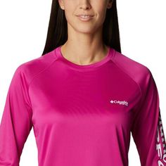 Built for long days on the river, the Columbia Women's Tidal II Shirt is big-fish-wrangling ready with its UPF 50 sun protection and quick-drying construction while the raglan sleeves and regular fit are contoured for maximum comfort. Long Sleeve Tops With Uv Protection For Water Sports, Outdoor Moisture-wicking Stretch Rash Guard, Stretch Moisture-wicking Rash Guard For Outdoor, Outdoor Stretch Moisture-wicking Rash Guard, Moisture-wicking Long Sleeve Rash Guard For Outdoor, Pink Long Sleeve Tops For Outdoor, Fishing Women, Big Fish, The River