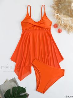 Peilia - Chic Mesh Contrast Criss Cross Skirted Bikini Set: Elegant Scoop Neck Spaghetti Strap Twist Swimsuit in a Solid Color for Beach and Pool Bathing - Womens Swimwear & Clothing Collection Vacation Swim Dress With Built-in Underwire Bra, Vacation Swim Dress With Underwire And Built-in Bra, Underwire Swim Dress With Built-in Bra For Vacation, Orange Swimwear With Built-in Bra For Summer, Vacation Swim Dress With Spaghetti Straps And Built-in Bra, Spaghetti Strap Swim Dress With Built-in Bra For Vacation, Orange Summer Swimwear With Built-in Bra, One-piece Tankini With Built-in Bra For Vacation, Solid Color Tankini With Adjustable Straps For Vacation