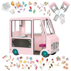 a pink ice cream truck with lots of toppings