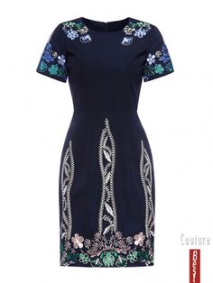 Vintage Navy Blue Embroidered Cocktail Wedding Party Dress With Short Sleeves Blue Embroidered Summer Wedding Dress, Blue Short Sleeve Dress With Intricate Embroidery, Blue Embroidered Dress For Spring Wedding, Spring Blue Embroidered Wedding Dress, Fitted Embroidered Hem Wedding Dress, Elegant Blue Dress With Intricate Embroidery, Elegant Blue Dress With Embroidered Hem, Blue Embroidered Fitted Dress With Intricate Details, Blue Fitted Dress With Intricate Embroidery