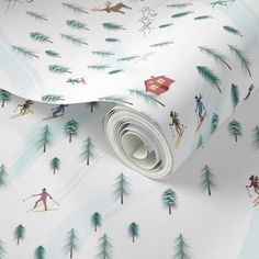 a white wallpaper with skiers and trees on it