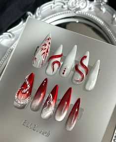 Nails With Snake, Snake Nail, Red And White Nails, Gothic Nails, Edgy Nails, Goth Nails, Transparent Nails, Basic Nails, Culture Magazine