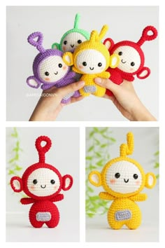 crocheted monkey and giraffe amigurt dolls are shown in three different colors