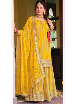 Yellow Indian Outfit, Sharara Designs, Indian Suit, Haldi Outfits, Function Dresses, Pakistani Suit, Palazzo Set, Utsav Fashion