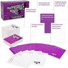 the card game inappropriate minds is shown in purple and white cards, with instructions on how to use them