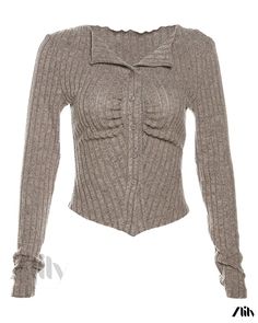 a women's sweater with a bow at the neck and long sleeves, in grey