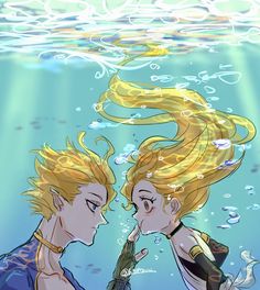 two people in the water, one with blonde hair and another with blue eyes looking at each other