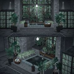 two pictures of the inside of a house with plants and potted plants in it