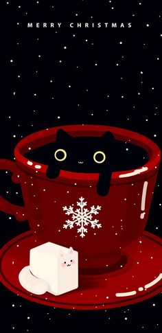 a red cup with a black cat in it and a small white cube on the side