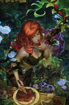 a painting of a woman with red hair and green eyes in front of plants, holding a knife to her mouth