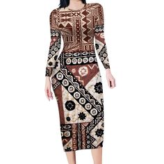 Bula Fiji Long Sleeve Bodycon Dress Unique Masi Tapa Pattern LT14 Long Dress Brown - Polynesian Pride Dress Unique, Sleeve Bodycon Dress, Long Sleeve Bodycon, Long Sleeve Bodycon Dress, Shirt Fabric, Unique Dresses, Family Matching, Anti Wrinkle, Production Process