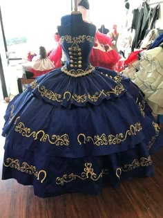 Blue Charro Quinceanera Dresses, 15 Year Girl, Ruffle Ball Gown, Ball Gown Corset, Navy Blue Quinceanera Dresses, Charro Dress, Gown Cape, Quince Dresses Charro