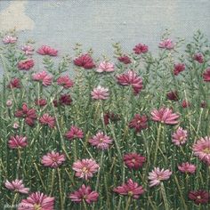 a painting of pink flowers in a field