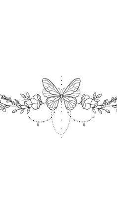 a line drawing of a butterfly with flowers and leaves on it's back side