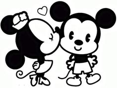 mickey and minnie mouse kissing each other with hearts in the air on their heads coloring page