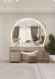 a white bedroom with a round mirror on the wall