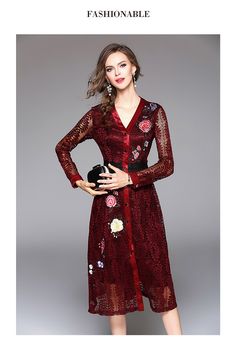 Blue Gray Red V-Neck Hollow Out Floral Embroidered Lace Dress - Uniqistic.com Winter Party Dress With Floral Embroidery, Festive Fitted V-neck Embroidered Dress, Fitted V-neck Embroidered Dress For Festive Occasions, Festive Fitted Embroidered Dress With V-neck, Festive Embroidered Fitted V-neck Dress, Red Long Sleeve Embroidered Fitted Dress, Lace V-neck Midi Dress For Fall, Long Lace Fall Dress, Long Lace Dress For Fall