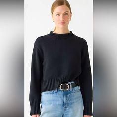 Nwot J Crew Black Wool Cotton Blend Turtleneck Sweater In Size Small Black Cropped Sweater With Ribbed Collar, Casual Black Cropped Sweater With Ribbed Collar, Black Cropped Sweater With Ribbed Collar For Fall, Black Ribbed Collar Cropped Sweater For Fall, Chic Black Crew Neck Cropped Sweater, Black Cropped Sweater For Workwear In Winter, Black Cropped Sweater For Work In Winter, Casual Black Cropped Sweater For Work, Cable Turtleneck Sweater