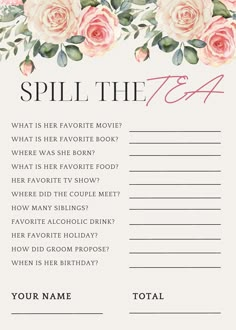 a pink rose themed fill in the blank list