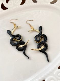 Black Clay Snakes / Black and Gold Snake Earrings / Gold Moon - Etsy Snakes Black, Clay Snakes, Gold Snake Earrings, Gold Tattoo, Edgy Jewelry, Sweet Jewelry, Snake Jewelry, Snake Earrings, Black Clay