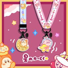 three cartoon characters are attached to lanyards on a pink background with stars and clouds