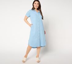 Looks like denim... feels like a dream. Elevate your casual chic options with this laid-back button-front midi dress. From the Joan Rivers Classics Collection®. Casual Button-up Midi Dress, Knee-length Denim Dress With Button Closure, Relaxed Fit, Casual Cotton Midi Dress With Buttons, Knee-length Denim Dress With Button Closure And Relaxed Fit, Relaxed Fit Cotton Midi Dress With Buttons, Casual Midi Shirt Dress With Pockets, Casual Knee-length Buttoned Shirt Dress, Casual Midi Dress For Daywear, Knee-length Denim Dress With Buttons In Relaxed Fit