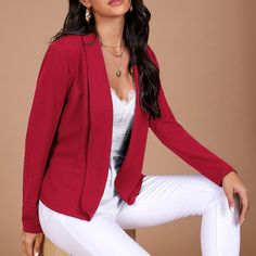 Red Elegant  Long Sleeve Polyester Plain Regular Embellished Slight Stretch Spring/Fall Women Suits Open Blazer, Women Suits, Animal Print Blouse, Red Blazer, Vintage Blazer, Striped Blazer, Long Sleeve Blazers, Plaid Blazer, Tweed Blazer