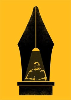 a black and yellow poster with a man sitting in front of a giant fountain pen