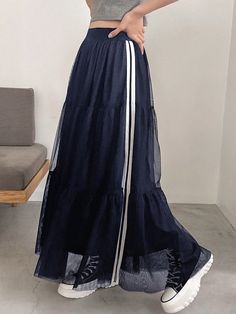 Contrast Tape Ruffle Hem Skirt Navy Blue Casual   Fabric Colorblock,Plain,Striped Flared Medium Stretch  Women Clothing, size features are:Bust: ,Length: ,Sleeve Length: Ruffle Skirts, Ruffle Hem Skirt, Women Skirts, Hem Skirt, Wrap Skirt, Ruffle Hem, All Fashion, Women Clothing, Womens Bottoms