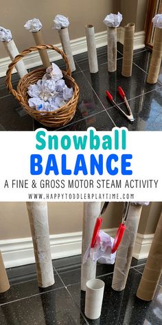 the snowball balance is an easy and fun winter activity for kids to play with