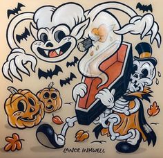 an image of some cartoon characters with pumpkins and bats in the background on a wall