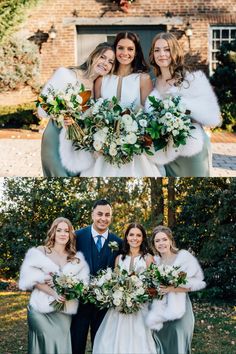 the bride and groom are posing with their bridals in front of an old brick building